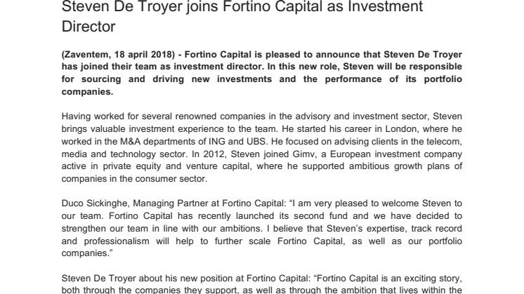 Steven De Troyer joins Fortino Capital as Investment Director