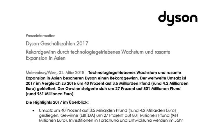 Dyson Geschäftszahlen 2017 - Rekordgewinn durch technologiegetriebenes Wachstum und rasante Expansion in Asien