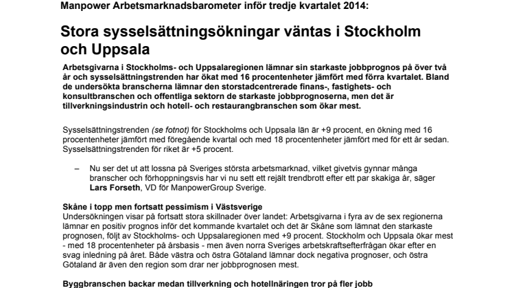 Stora sysselsättningsökningar väntas i Stockholm  och Uppsala