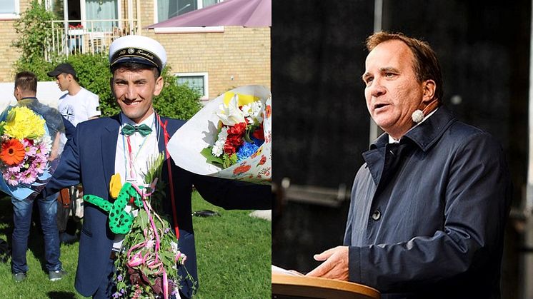 Ensamkommande Ali Zardadi, nybakad student och undersköterska. Statsminister Stefan Löfven, Medborgarplatsen 6.9.2015. "Mitt Europa stänger inga gränser." Foto Maja Suslin/TT, från regeringen.se.