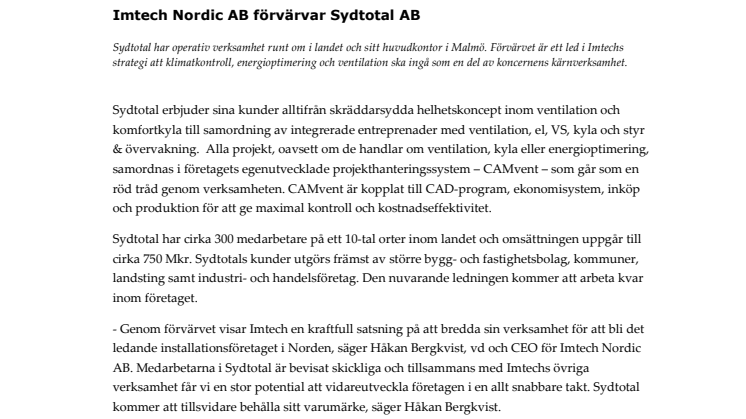 Imtech Nordic AB förvärvar Sydtotal AB