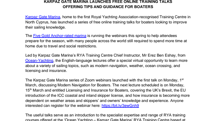 Karpaz Gate Marina Launches Free Online Training Talks Offering Tips and Guidance for Boaters