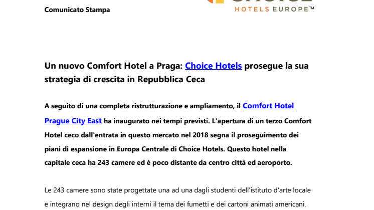 Un nuovo Comfort Hotel a Praga: Choice Hotels prosegue la sua strategia di crescita in Repubblica Ceca