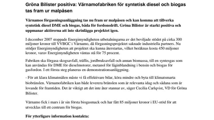 Gröna Bilister positiva: Värnamofabriken för syntetisk diesel och biogas tas fram ur malpåsen