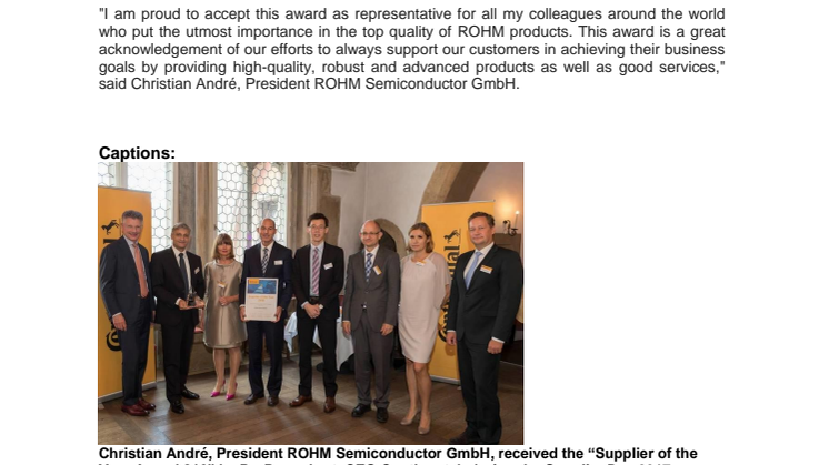Continental awards ROHM Semiconductor  ”Supplier of the Year 2016“