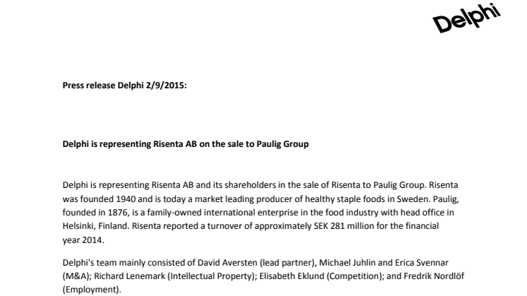 Delphi is representing Risenta AB on the sale to Paulig Group