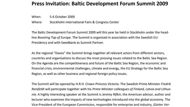 Press Invitation Baltic Development Forum Summit 2009 (English)