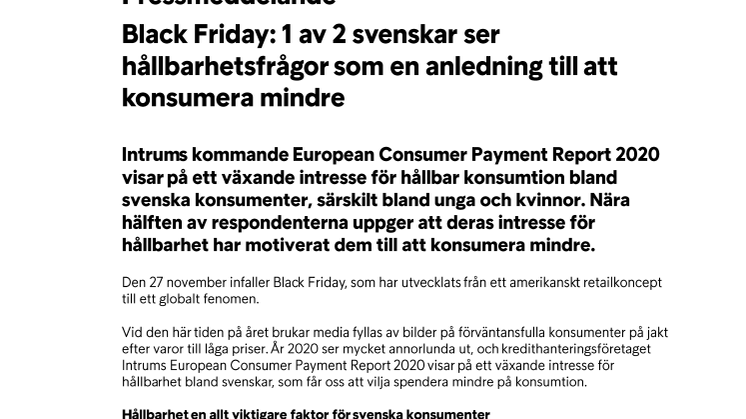 Black Friday: 1 av 2 svenskar ser hållbarhetsfrågor som en anledning till att konsumera mindre