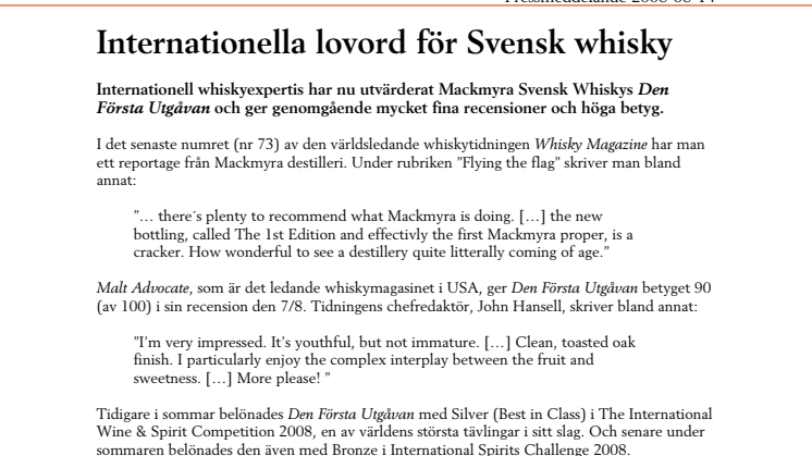 Internationella lovord för Svensk whisky