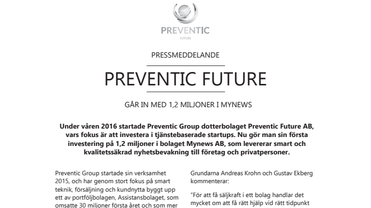 Preventic Future går in med 1,2 miljoner i MyNews
