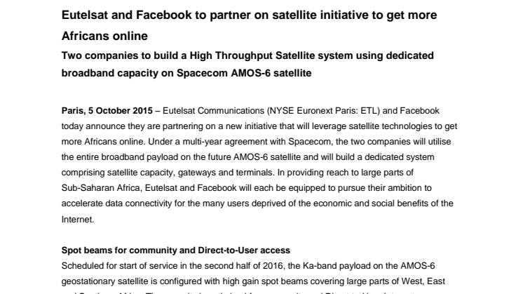 Eutelsat and Facebook to partner on satellite initiative to get more Africans online