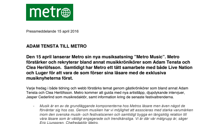 ADAM TENSTA TILL METRO