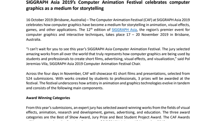 SIGGRAPH Asia 2019’s Computer Animation Festival celebrates computer graphics as a medium for storytelling