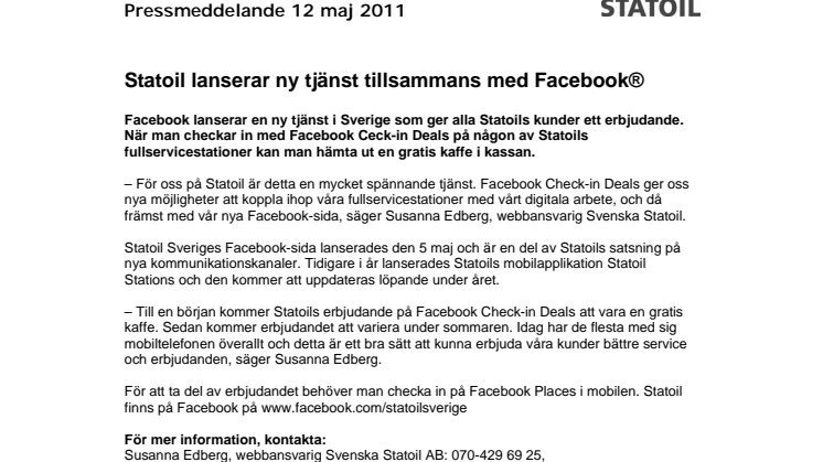 Statoil lanserar ny tjänst tillsammans med Facebook®