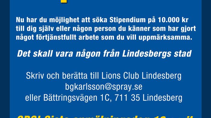 Lions Club Lindesberg söker mottagare av stipendium