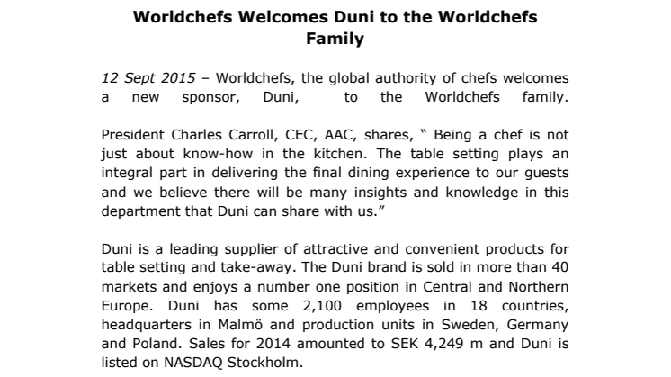  Worldchefs Welcomes Duni to the Worldchefs Family 