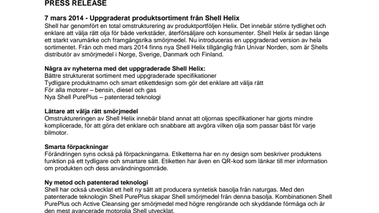Uppgraderat produktsortiment från Shell Helix