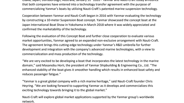Yanmar and Nauti-Craft Sign Technology Transfer Agreement for Marine Technology