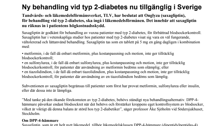 Ny behandling vid typ 2-diabetes nu tillgänglig i Sverige