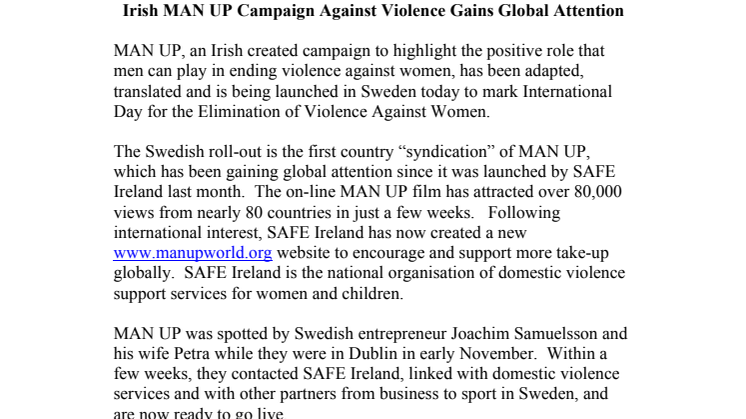Irish MAN UP Campaign Against Violence Gains Global Attention