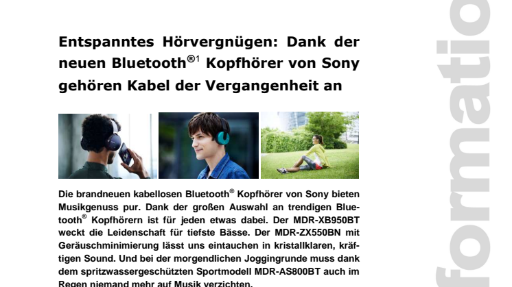 Pressemitteilung: "Entspanntes Hörvergnügen: Dank der neuen Bluetooth®1 Kopfhörer von Sony gehören Kabel der Vergangenheit an"