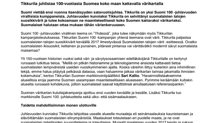 Tikkurila juhlistaa 100-vuotiasta Suomea koko maan kattavalla värikartalla