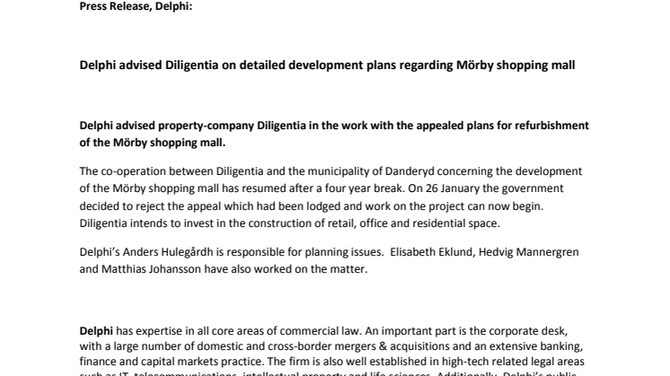 Delphi advised Diligentia on detailed development plans regarding Mörby shopping mall