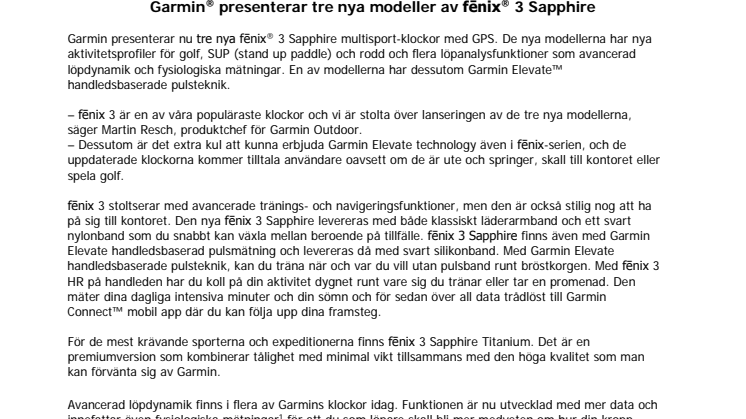 Garmin® presenterar tre nya modeller av fēnix® 3 Sapphire