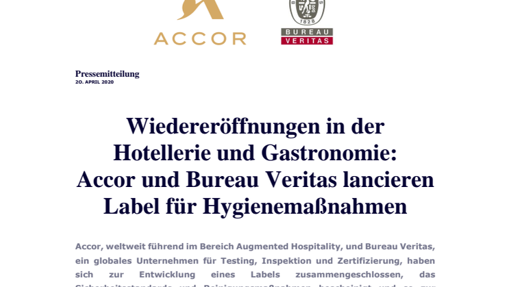 Wiedereröffnungen in der Hotellerie und Gastronomie:  Accor und Bureau Veritas lancieren Label für Hygienemaßnahmen 