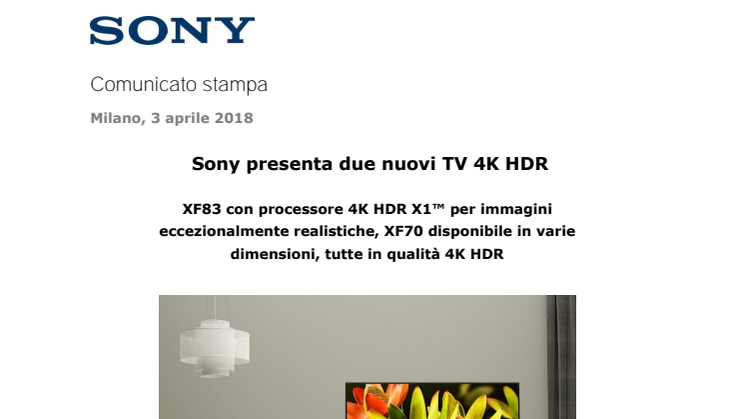 Sony presenta due nuovi TV 4K HDR 