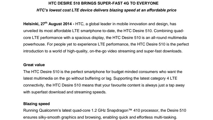HTC DESIRE 510 BRINGS SUPER-FAST 4G TO EVERYONE