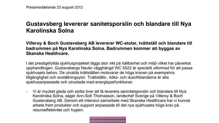 Gustavsberg levererar sanitetsporslin och blandare till Nya Karolinska Solna 