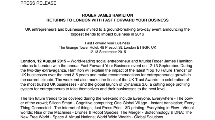 ​Roger James Hamilton returns to London with Fast Forward your Business