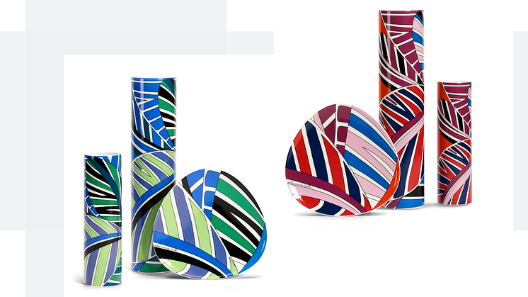 The two colourways of the Rosenthal Emilio Pucci Decor Palm Leaves: Red-Blue and Green-Blue.