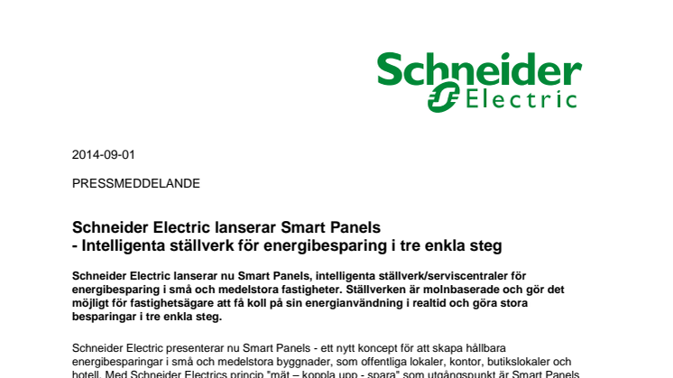 Schneider Electric lanserar Smart Panels - Intelligenta ställverk för energibesparing i tre enkla steg