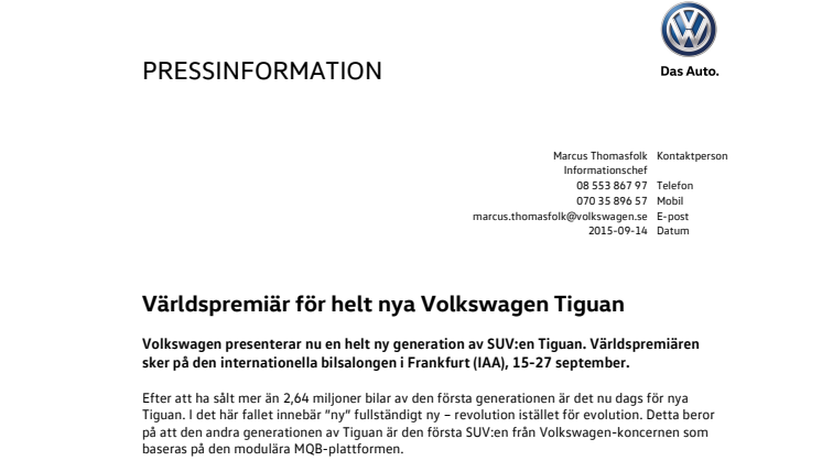 Världspremiär för helt nya Volkswagen Tiguan