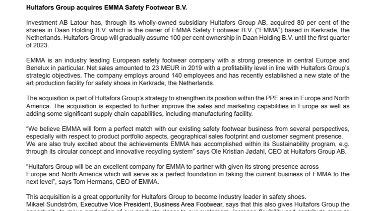 Hultafors Group acquires EMMA Safety Footwear B.V.