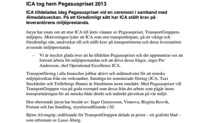 ICA tog hem Pegasuspriset 2013