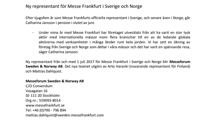 Ny representant för Messe Frankfurt i Sverige och Norge