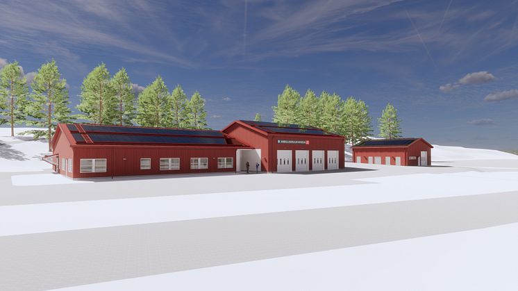 Sälens nya ambulansstation i Västra Långstrand blir en enplansbyggnad med traditionell Dalaexteriör i trä och falurött. Bild: SWECO Architects AB