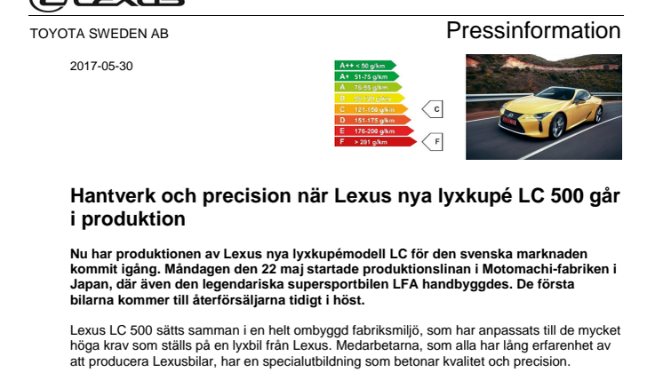 Hantverk och precision när Lexus nya lyxkupé LC 500 går i produktion