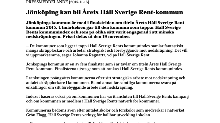 Jönköping kan bli Årets Håll Sverige Rent-kommun
