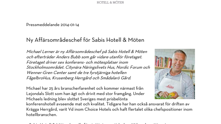 Ny Affärsområdeschef för Sabis Hotell & Möten