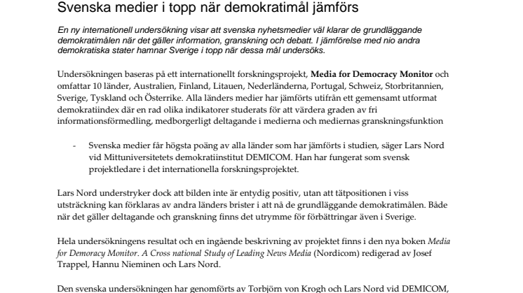 Svenska medier i topp när demokratimål jämförs 