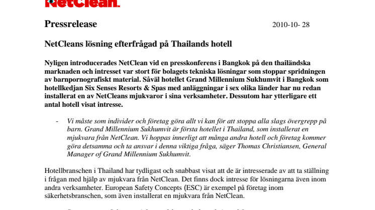 NetCleans lösning efterfrågad på Thailands hotell