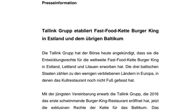 Tallink Grupp etabliert Fast-Food-Kette Burger King in Estland und dem übrigen Baltikum