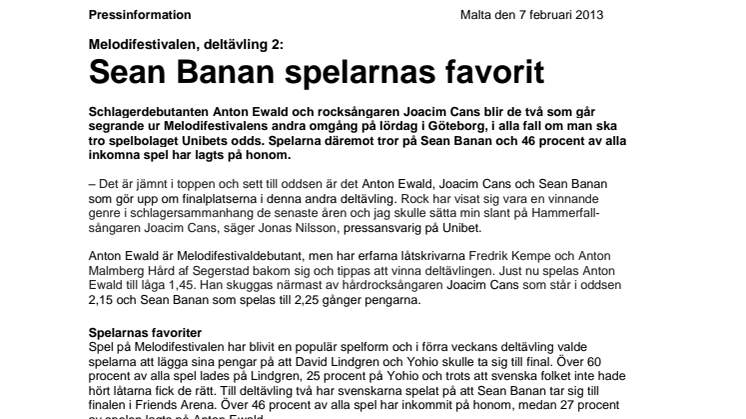 Melodifestivalen, deltävling 2: Sean Banan spelarnas favorit