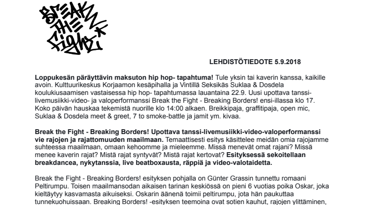 Break the Fight! Hip Hop - tapahtuma koulukiusaamista vastaan Korjaamolla 22.9.