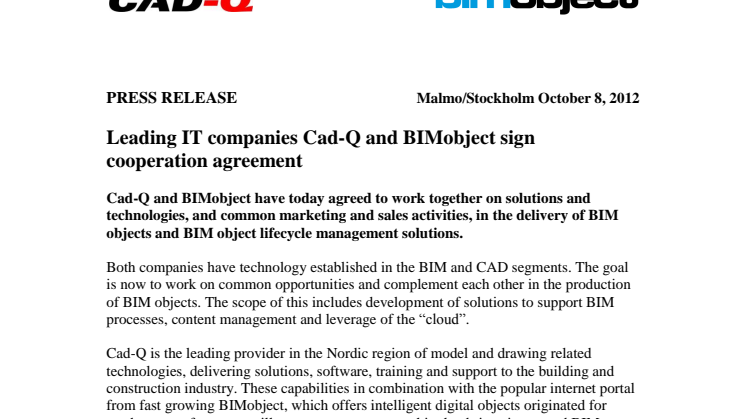 Leading IT companies Cad-Q and BIMobject sign cooperation agreement