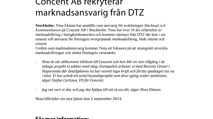 Concent AB rekryterar marknadsansvarig från DTZ